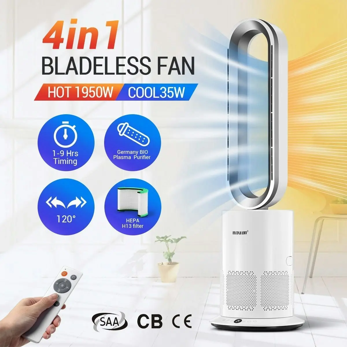 Maxkon 4 in 1 Bladeless Tower Fan Electric Cool Air Hot Heater HEPA Filter Plasma Disinfection Purifier Oscillation