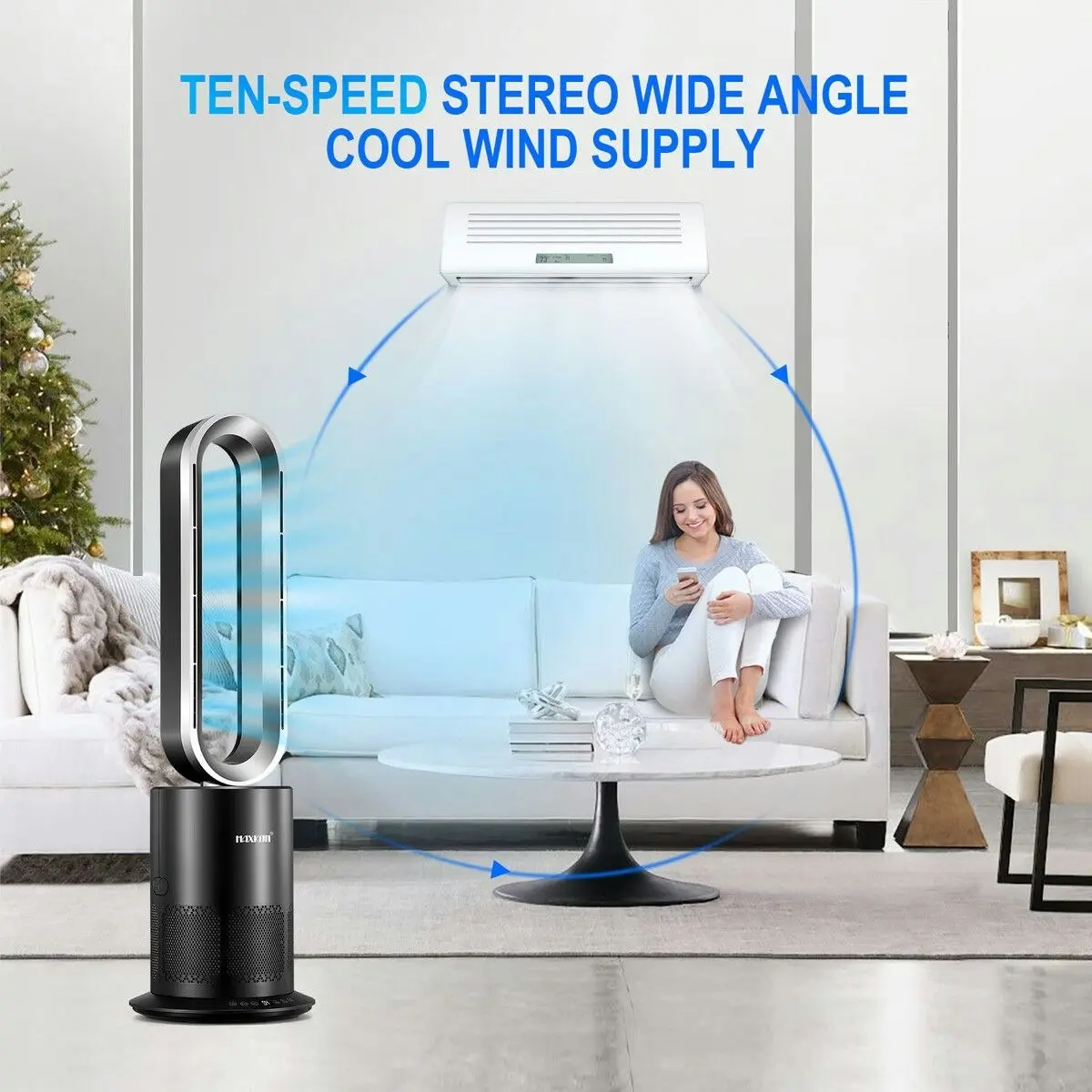 Maxkon Tower Fan Heater Bladeless Oscillation 4 In 1 Electric Hot Cool Air HEPA Filter Plasma Disinfection Purifier