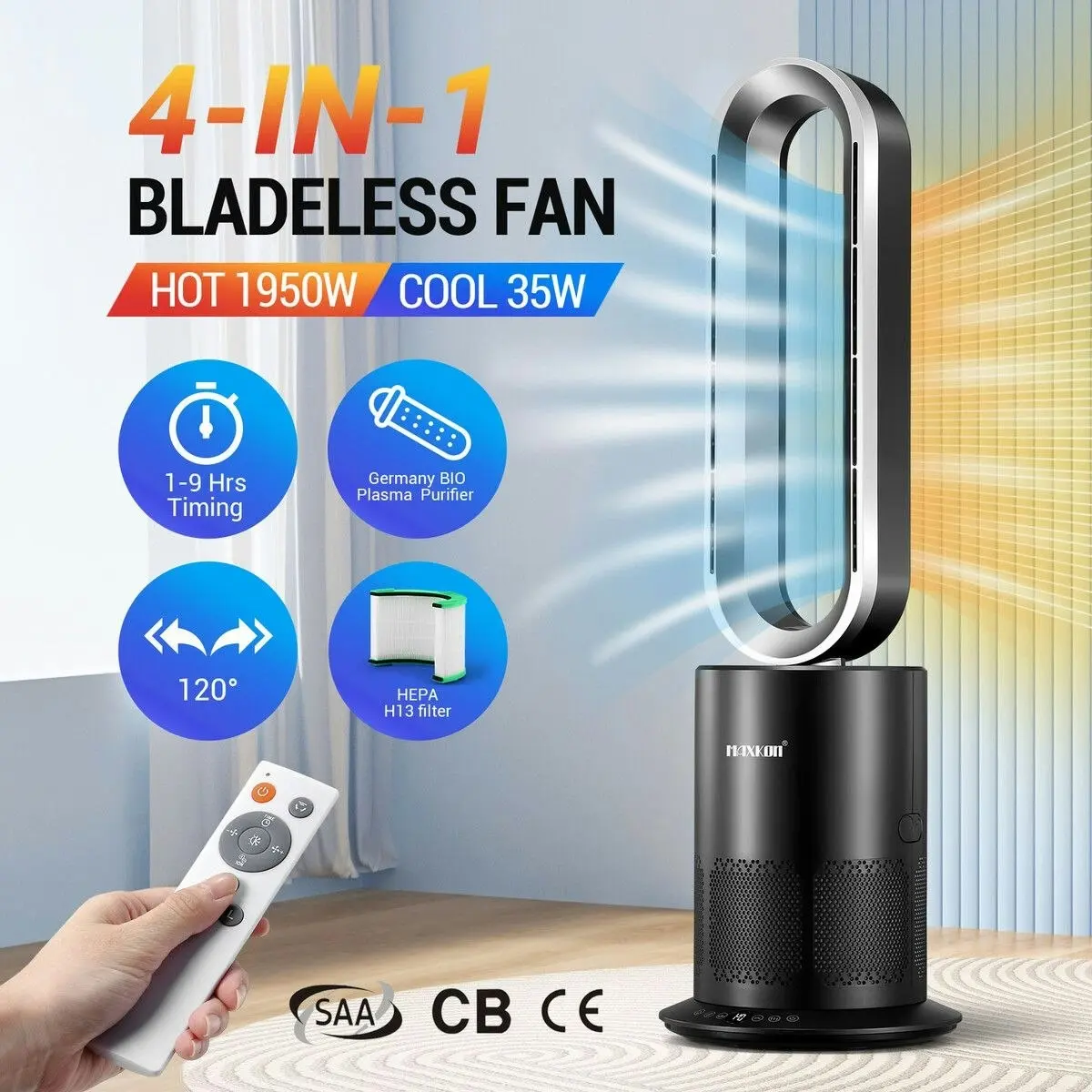 Maxkon Tower Fan Heater Bladeless Oscillation 4 In 1 Electric Hot Cool Air HEPA Filter Plasma Disinfection Purifier