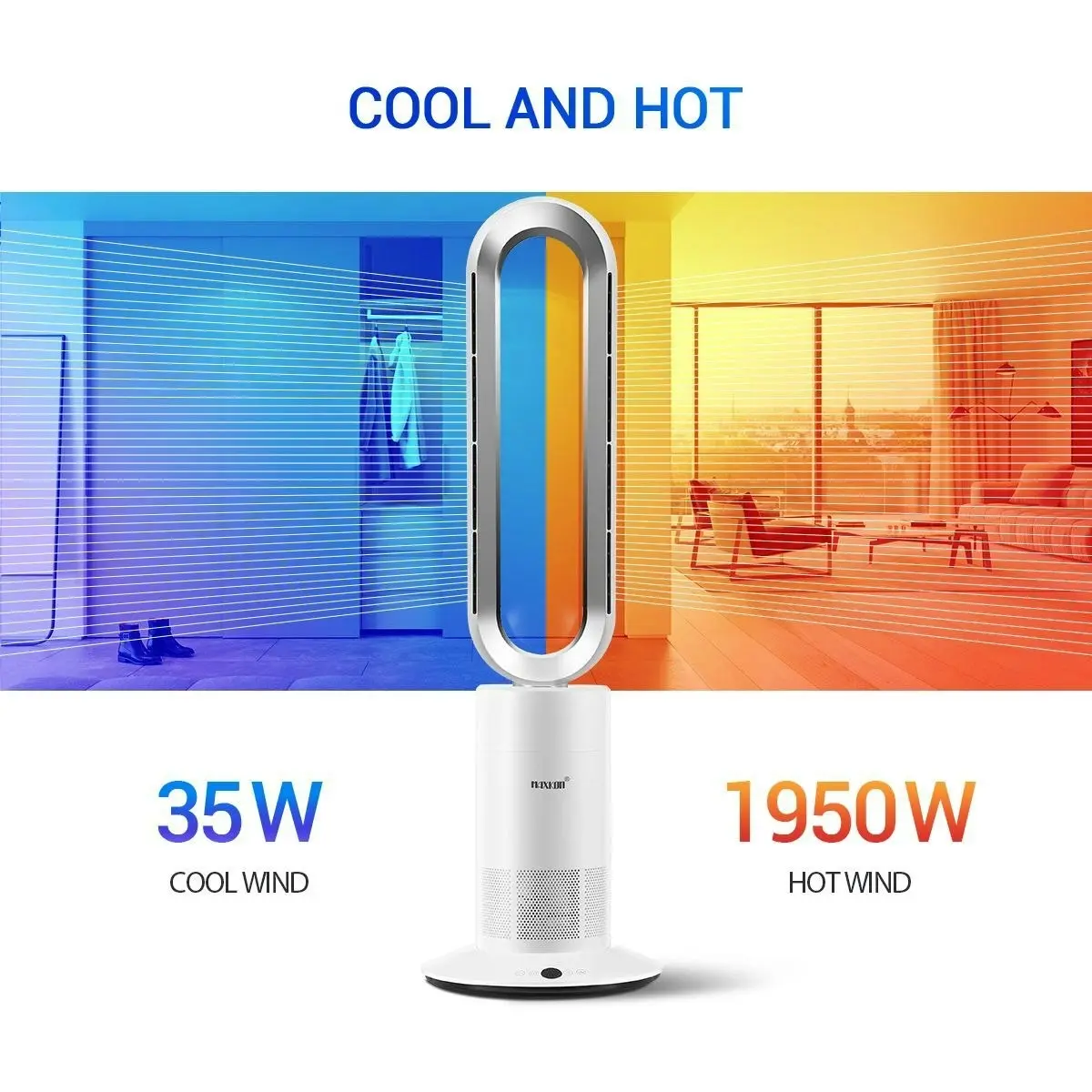 Maxkon Bladeless Tower Fan 2 In 1 Heater Cool Hot Oscillating Heating with LED and Remote Control