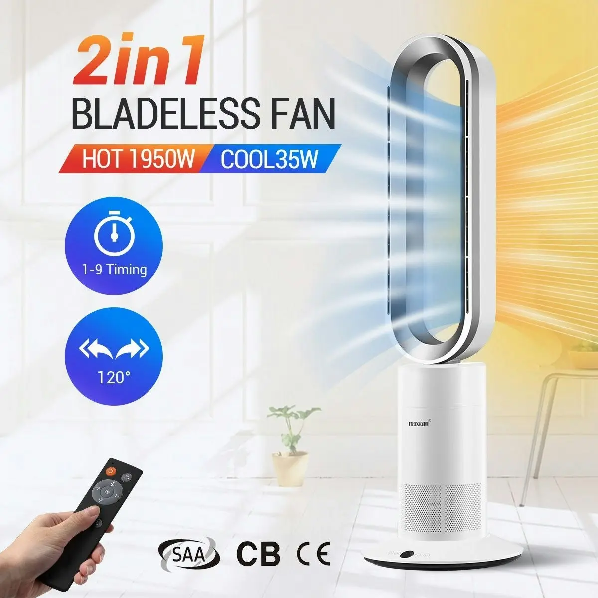 Maxkon Bladeless Tower Fan 2 In 1 Heater Cool Hot Oscillating Heating with LED and Remote Control