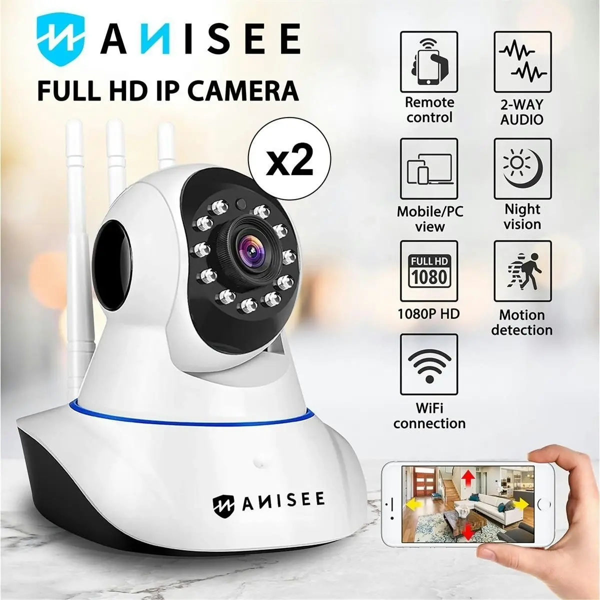 Ausway Spy Security Camera 1080P PTZ CCTV Wifi Home Spycam Outdoor Surveillance Cam System x2