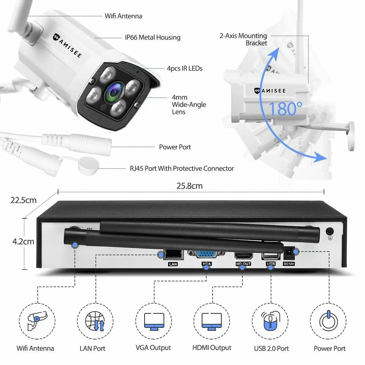 Ausway 1080P Security Camera Set CCTV Wireless Home Outdoor Surveillance System Full HD 4 Channel WiFi NVR