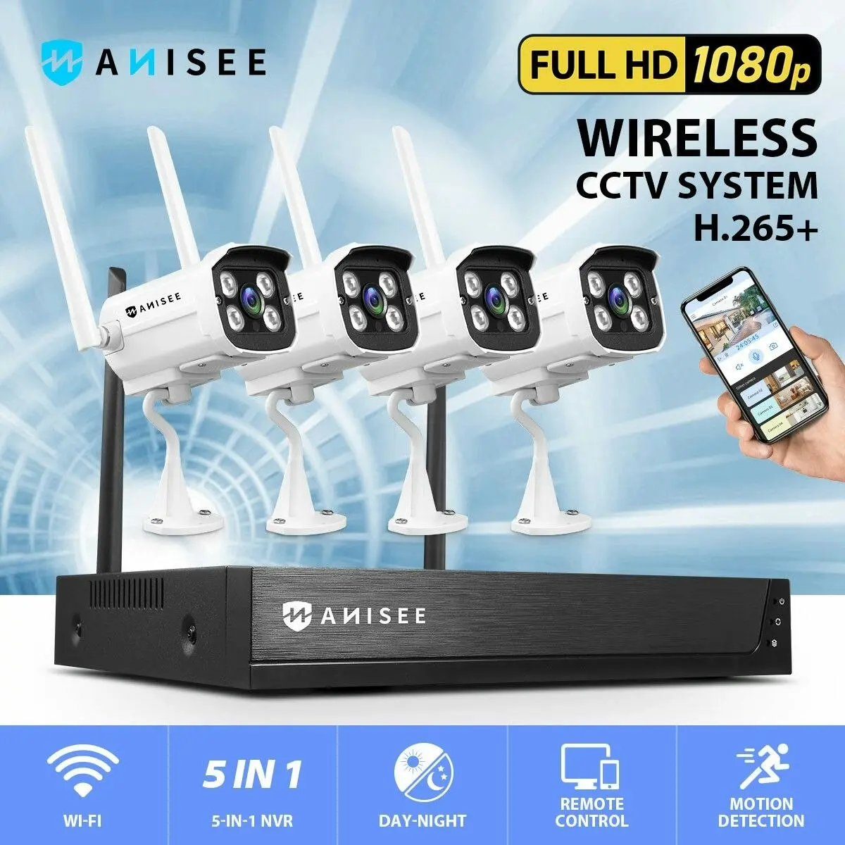 Ausway 1080P Security Camera Set CCTV Wireless Home Outdoor Surveillance System Full HD 4 Channel WiFi NVR