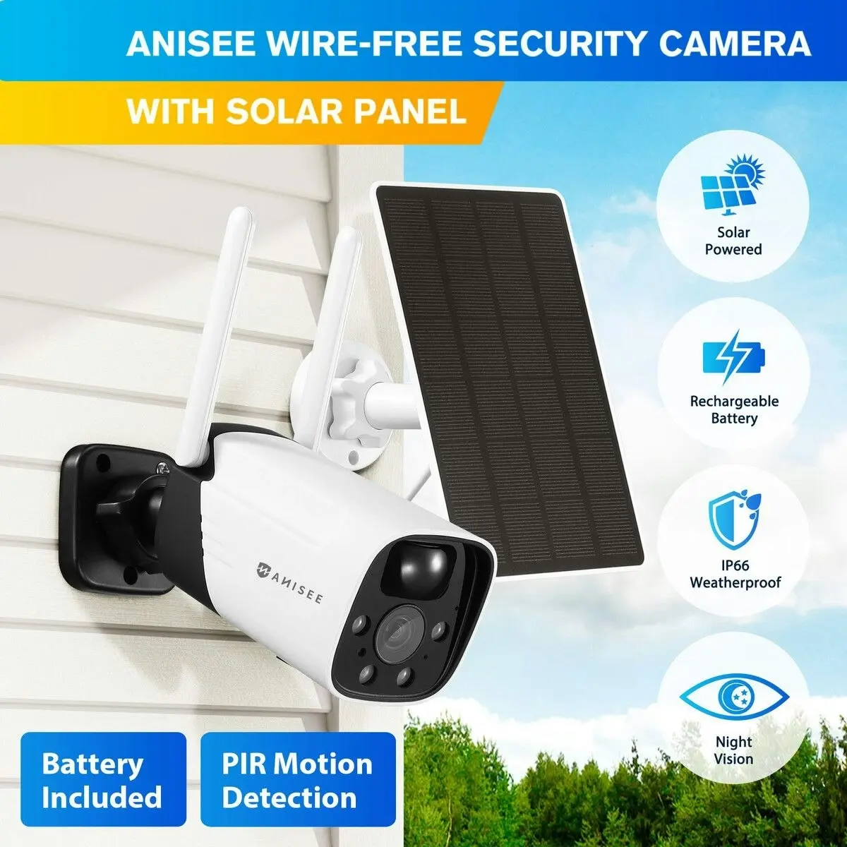 Ausway Solar-powered Security Camera WiFi Home CCTV Outdoor Surveillance System with Battery Weatherproof