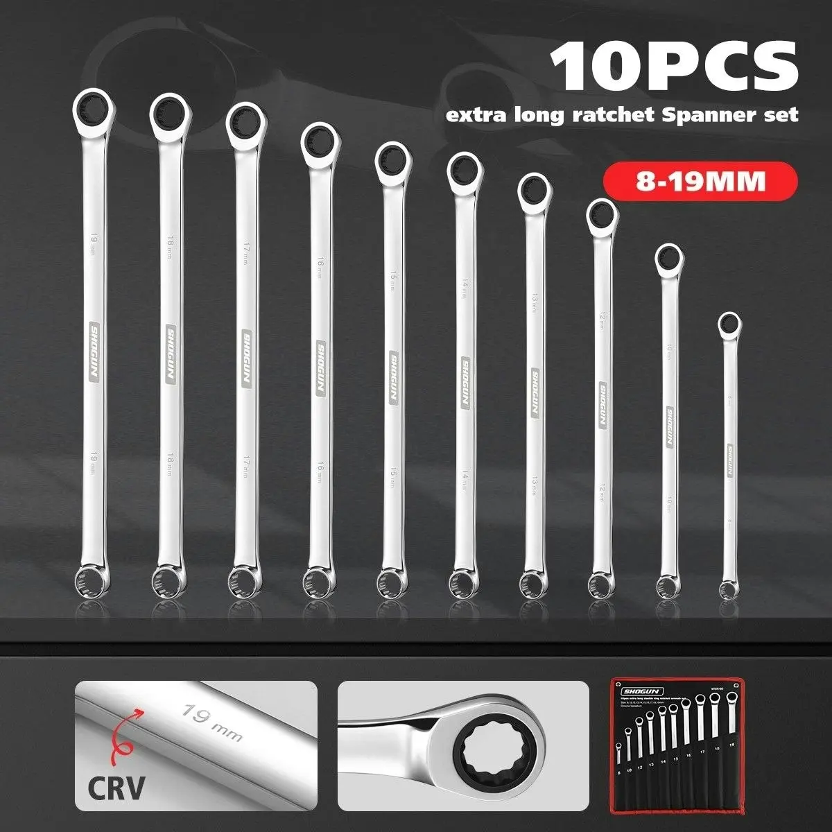 Shogun 10 PCS Extra Long Double Ring Cr-V Ratchet Spanner Set 72 Tooth Wrench Tool