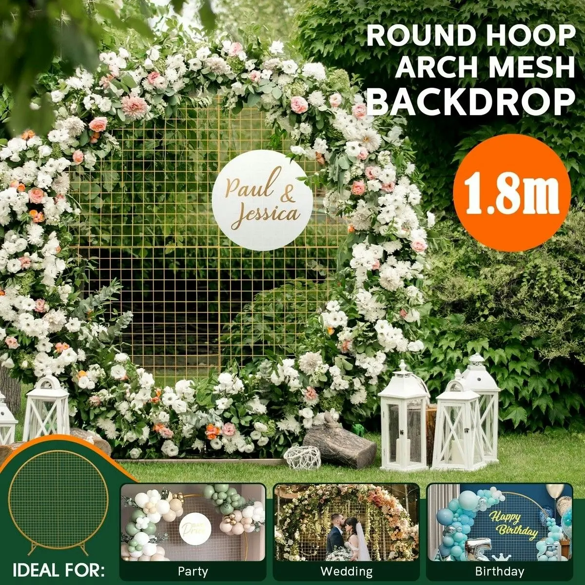 Ausway 1.8M Wedding Party Backdrop Stand Arch Mesh Gold Round Hoop Decoration Circle Metal Frame Photo Balloon Flower Display