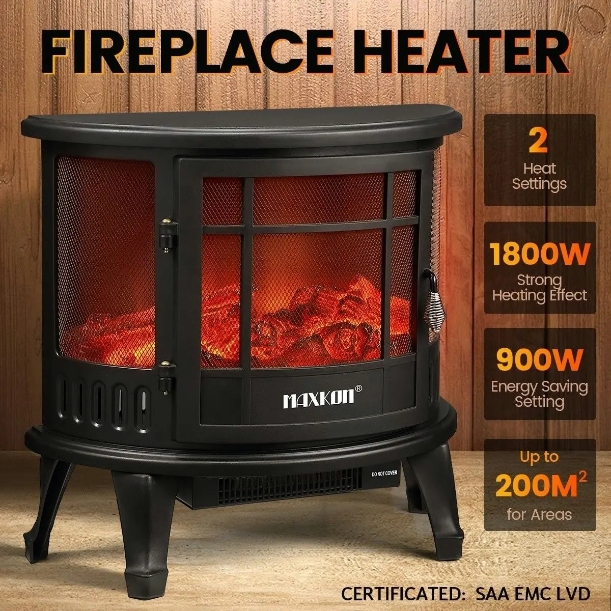 Maxkon  Electric Fireplace Freestanding Stove Heater LED Flame Effect Log Fire 1800W