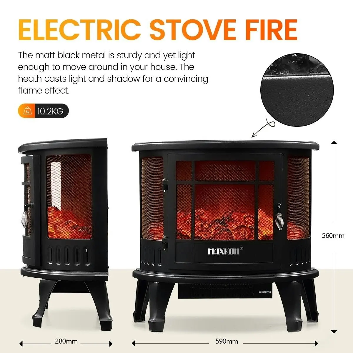 Maxkon  Electric Fireplace Freestanding Stove Heater LED Flame Effect Log Fire 1800W