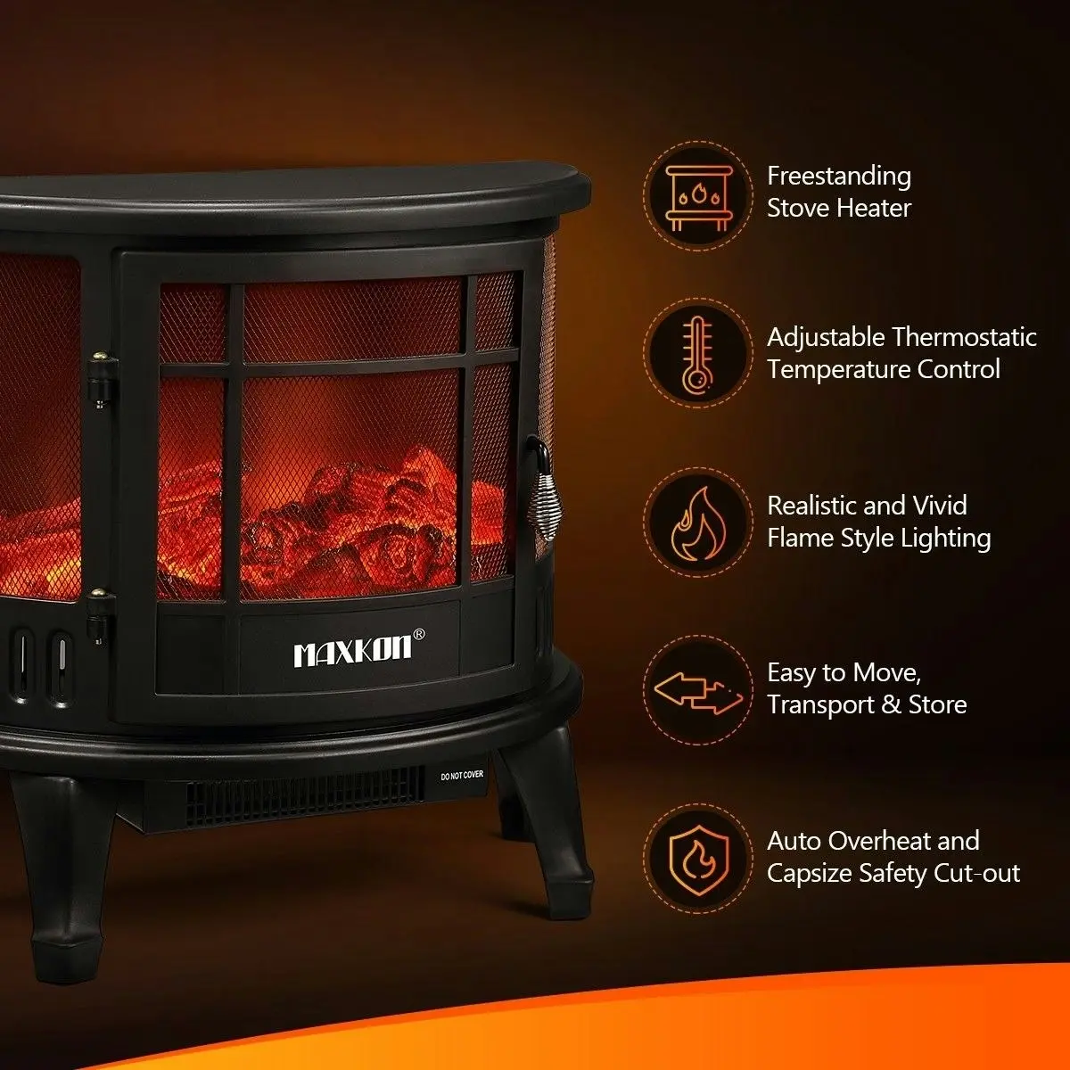 Maxkon  Electric Fireplace Freestanding Stove Heater LED Flame Effect Log Fire 1800W