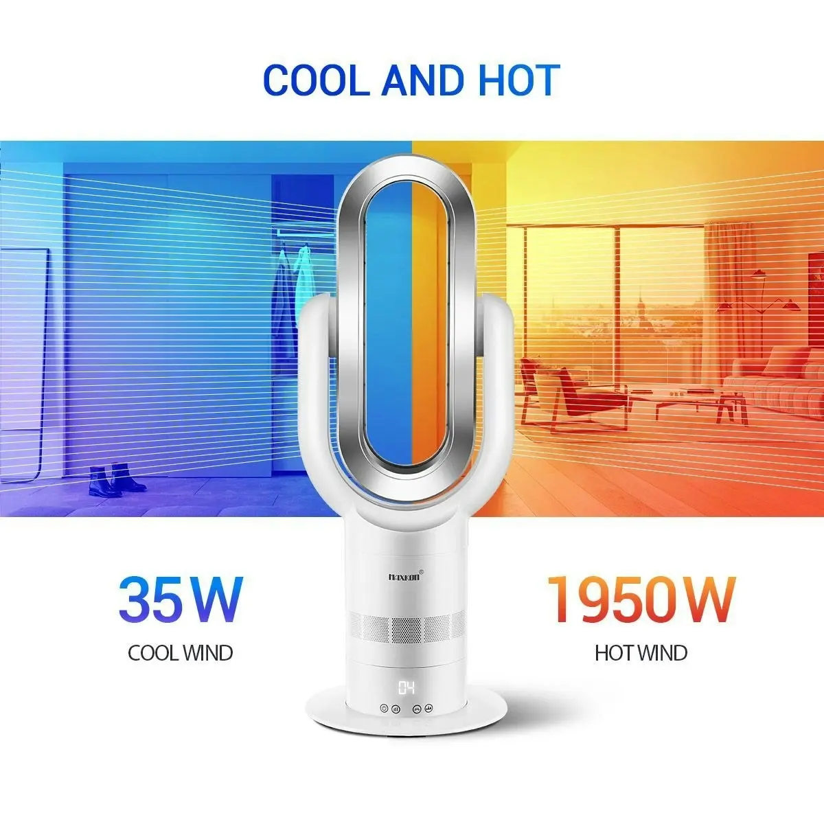 Maxkon Bladeless Tower Fan Oscillating Heating 2 In 1 Cool Hot with Led Screen and Remote Control