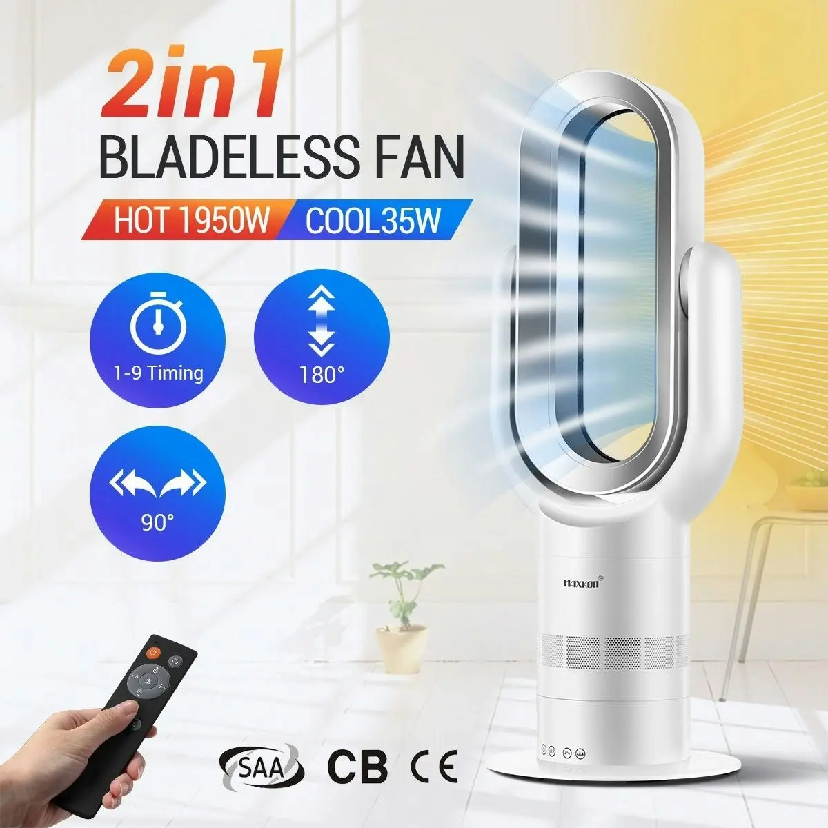 Maxkon Bladeless Tower Fan Oscillating Heating 2 In 1 Cool Hot with Led Screen and Remote Control