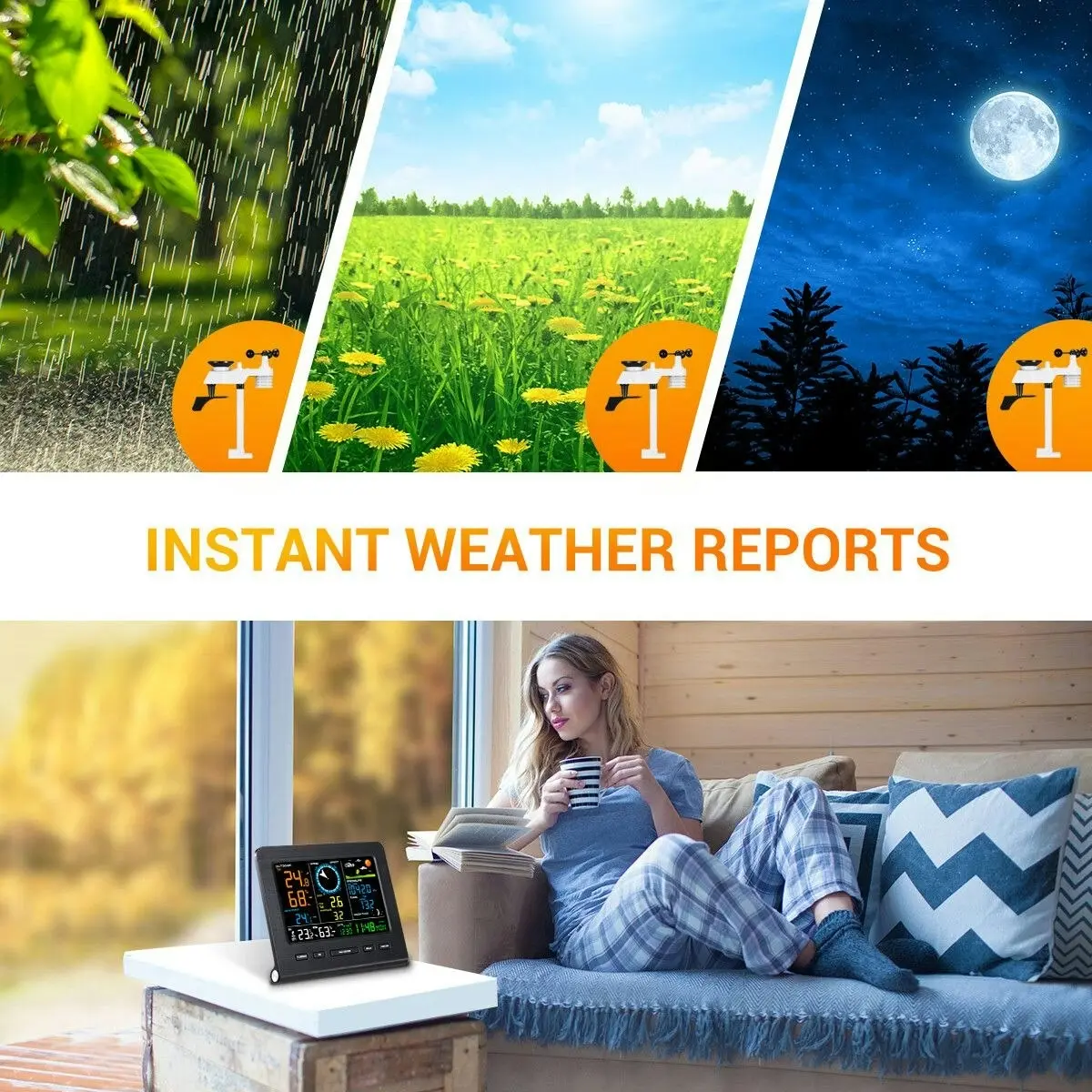 Ausway Solar Weather Station WiFi Wireless Home Forecaster Rain Gauge Clock Temperature Humidity