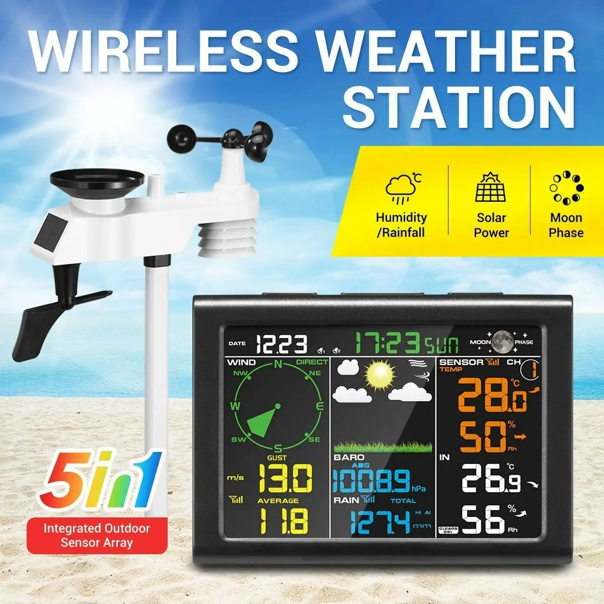 Maxkon  Solar Powered Wireless Weather Station Rain Gauge Temperature Humidity Wind