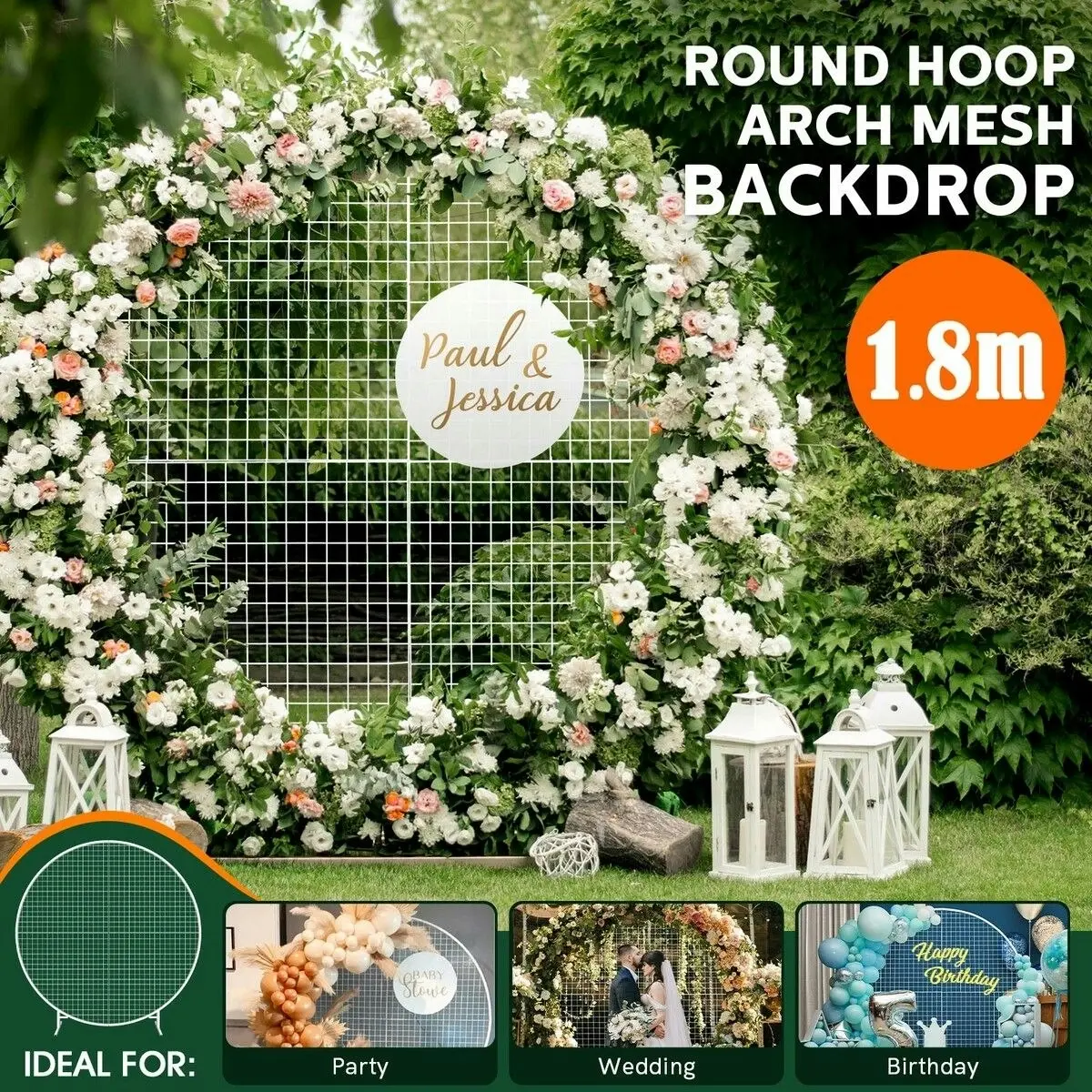 Ausway 1.8M Wedding Party Arch Mesh Backdrop Stand White Round Hoop Decoration Circle Metal Frame Photo Balloon Flower Display