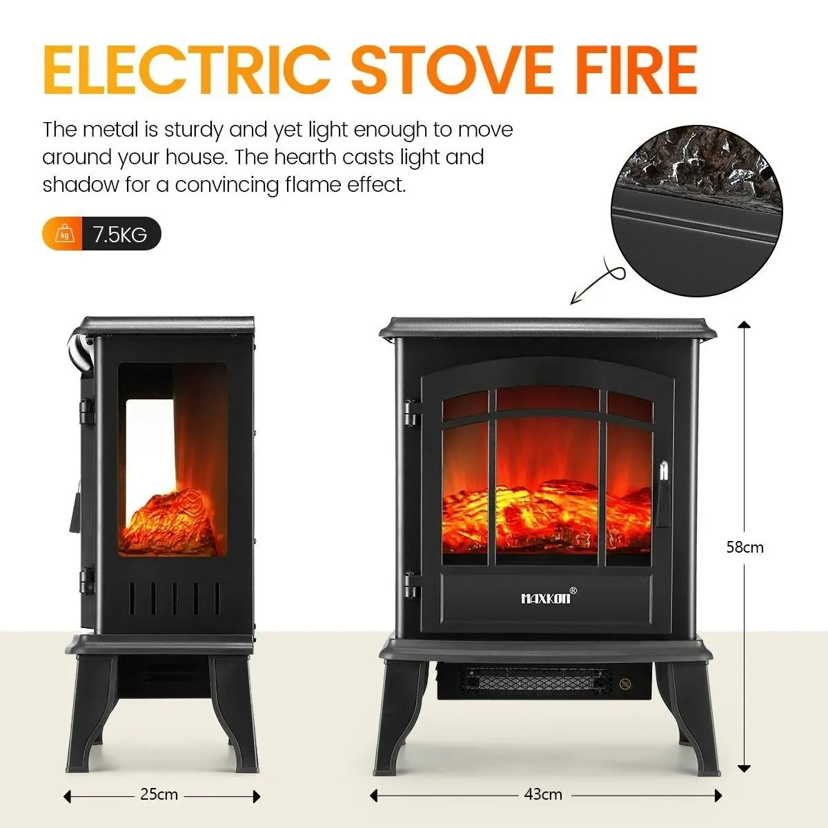 Maxkon 16 Inch Panoramic Electric Fireplace Heater Stove 1800W Portable Flame Thermostat