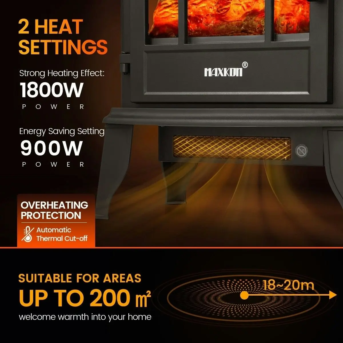 Maxkon 16 Inch Panoramic Electric Fireplace Heater Stove 1800W Portable Flame Thermostat