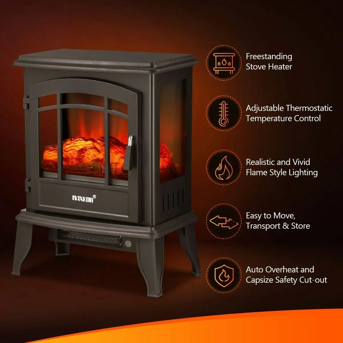 Maxkon 16 Inch Panoramic Electric Fireplace Heater Stove 1800W Portable Flame Thermostat