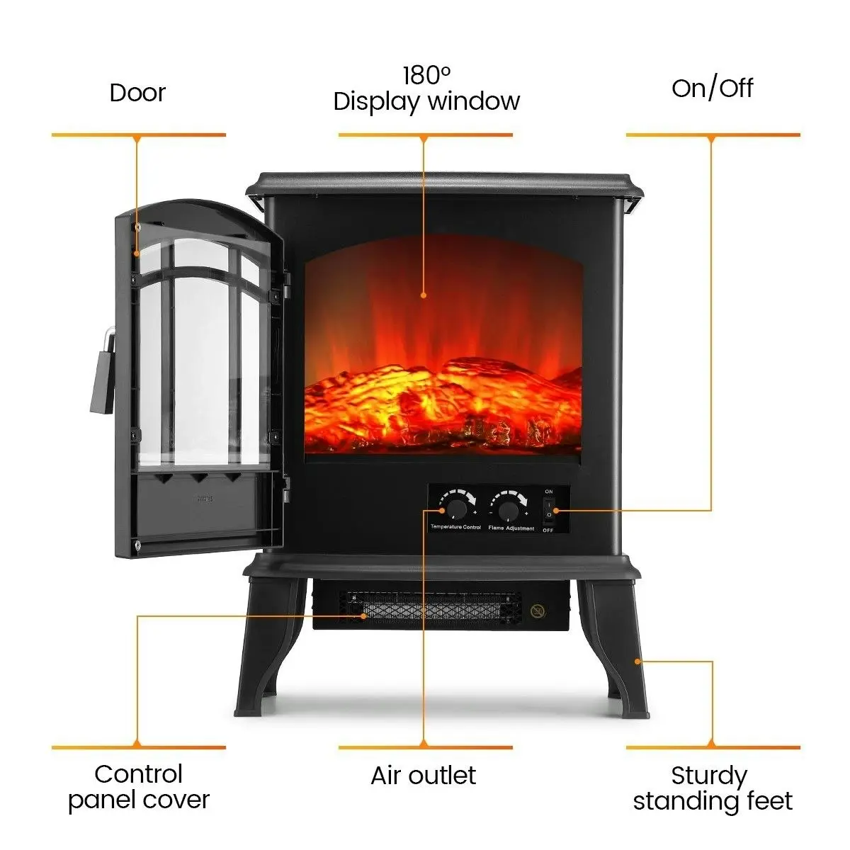 Maxkon 16 Inch Panoramic Electric Fireplace Heater Stove 1800W Portable Flame Thermostat