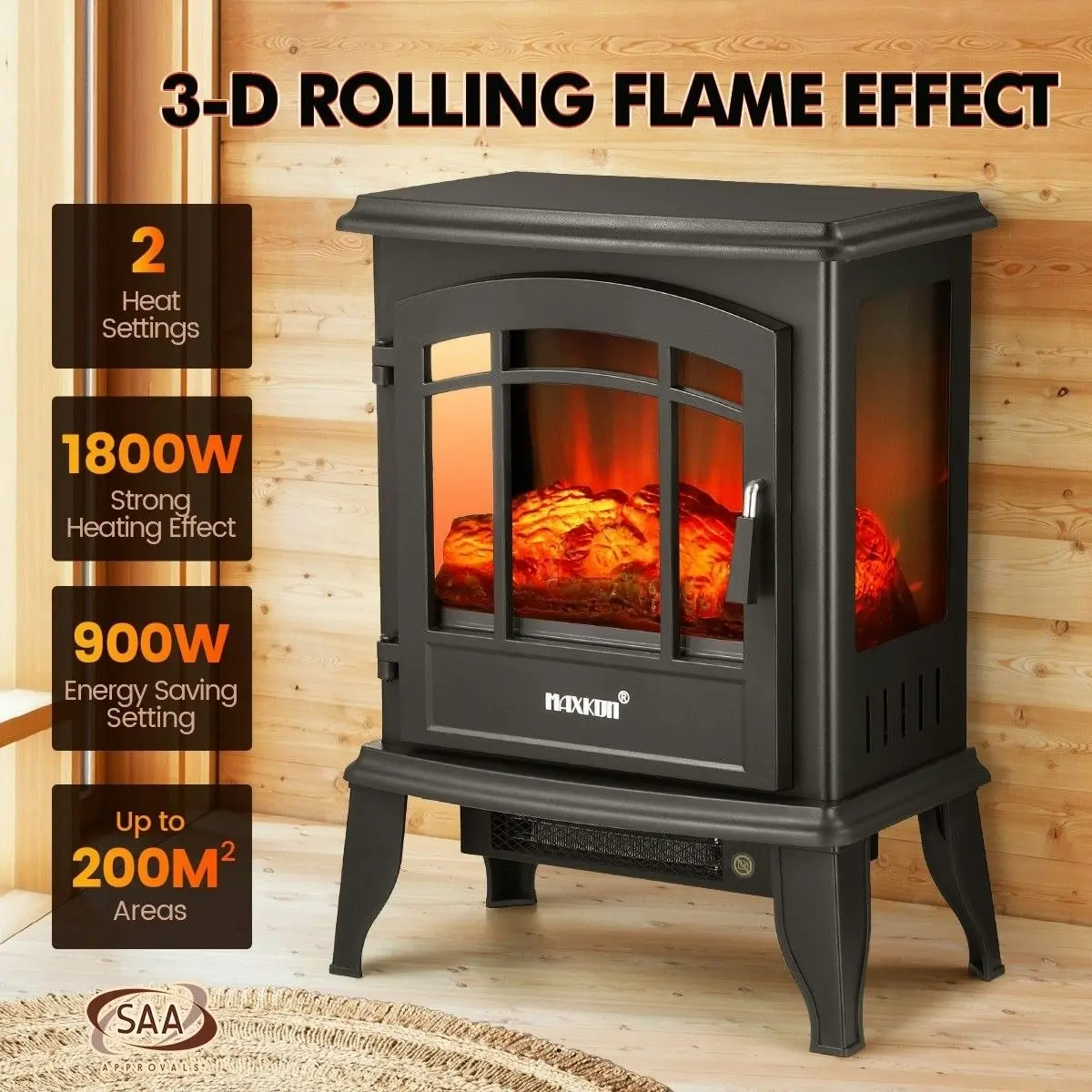 Maxkon 16 Inch Panoramic Electric Fireplace Heater Stove 1800W Portable Flame Thermostat