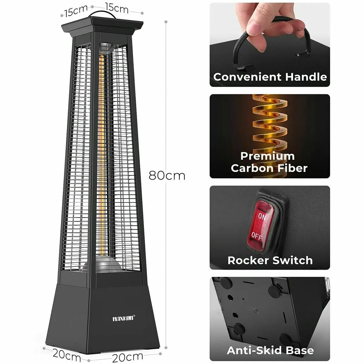 Maxkon  Electric Heater Space Infrared Tower Outdoor Indoor Patio Room Portable Energy Efficient Instant Warmer Carbon Fibre 2000W