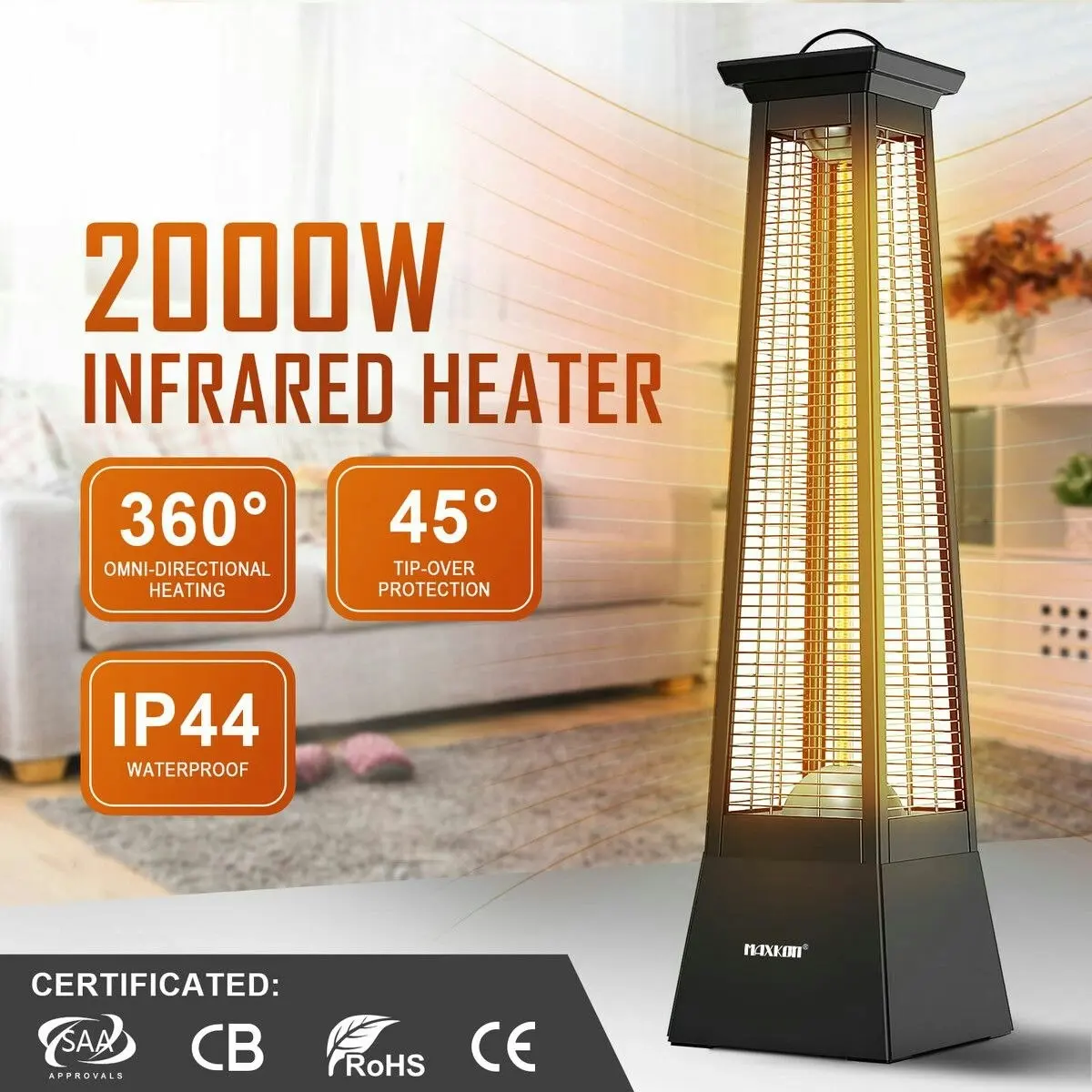 Maxkon  Electric Heater Space Infrared Tower Outdoor Indoor Patio Room Portable Energy Efficient Instant Warmer Carbon Fibre 2000W