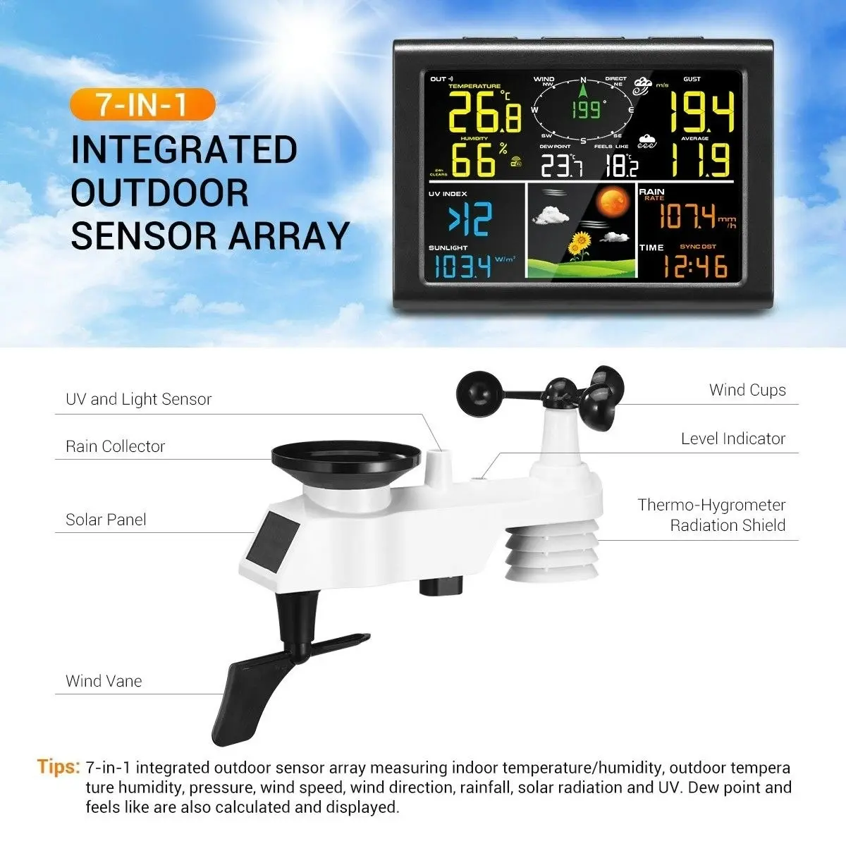 Maxkon  Solar Powered Weather Forecast Station WIFI Wireless Rain Gauge Temperature