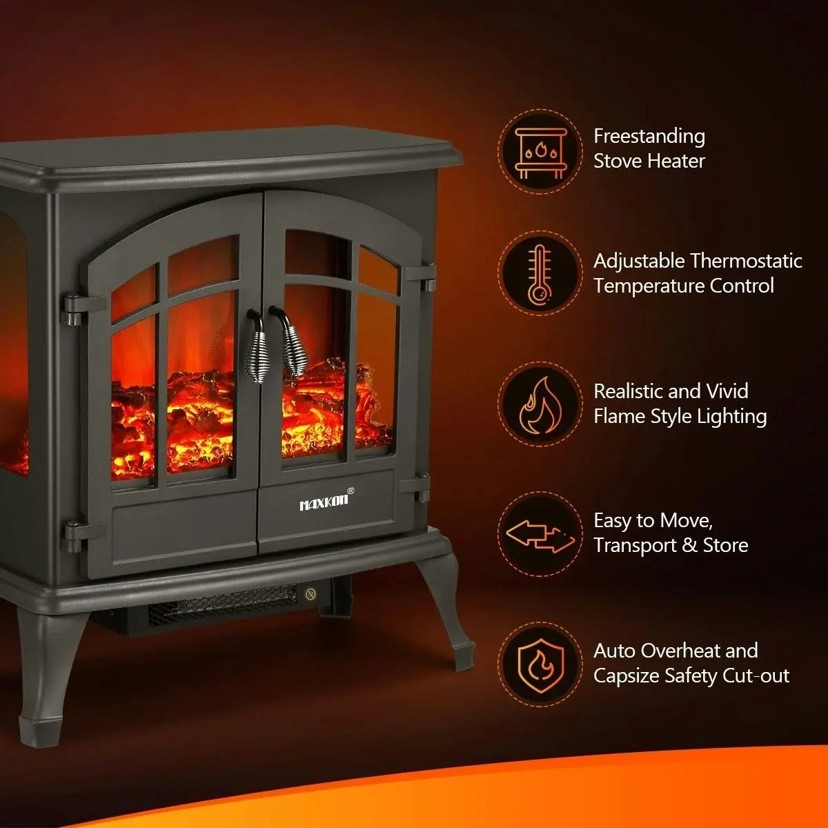 Maxkon 1800W Portable Freestanding 22-inch Electric Fireplace Stove Heater Thermostat 3D Flame Effect