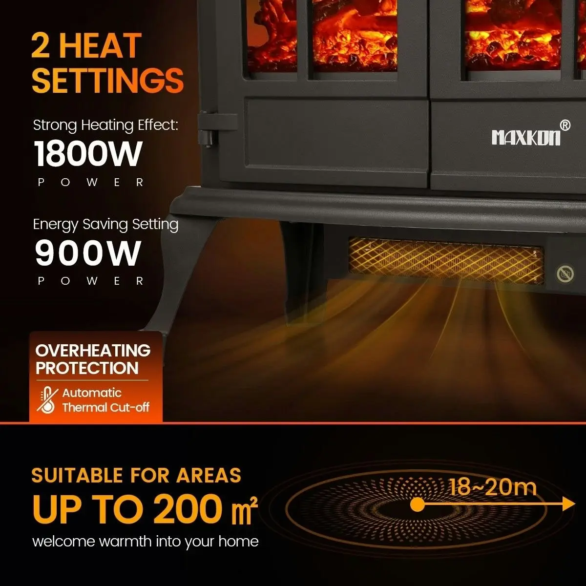 Maxkon 1800W Portable Freestanding 22-inch Electric Fireplace Stove Heater Thermostat 3D Flame Effect