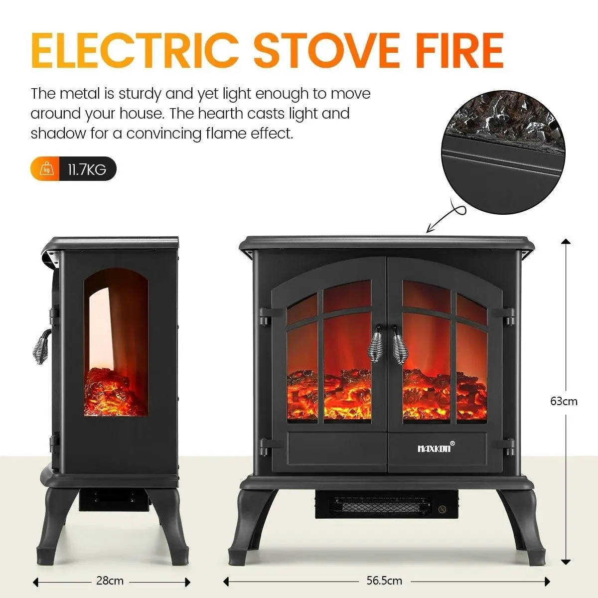 Maxkon 1800W Portable Freestanding 22-inch Electric Fireplace Stove Heater Thermostat 3D Flame Effect