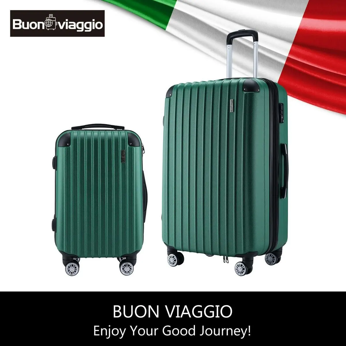 Buon Viaggio 2 Piece Luggage Set Carry On Travel Suitcases Cabin Hard Shell Case Bags Lightweight Rolling Trolley with Wheels TSA Lock Green