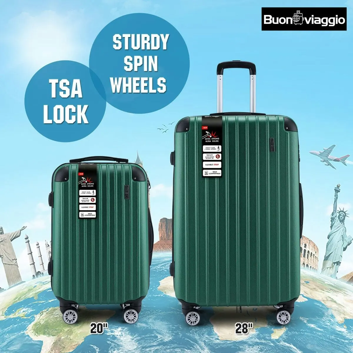 Buon Viaggio 2 Piece Luggage Set Carry On Travel Suitcases Cabin Hard Shell Case Bags Lightweight Rolling Trolley with Wheels TSA Lock Green