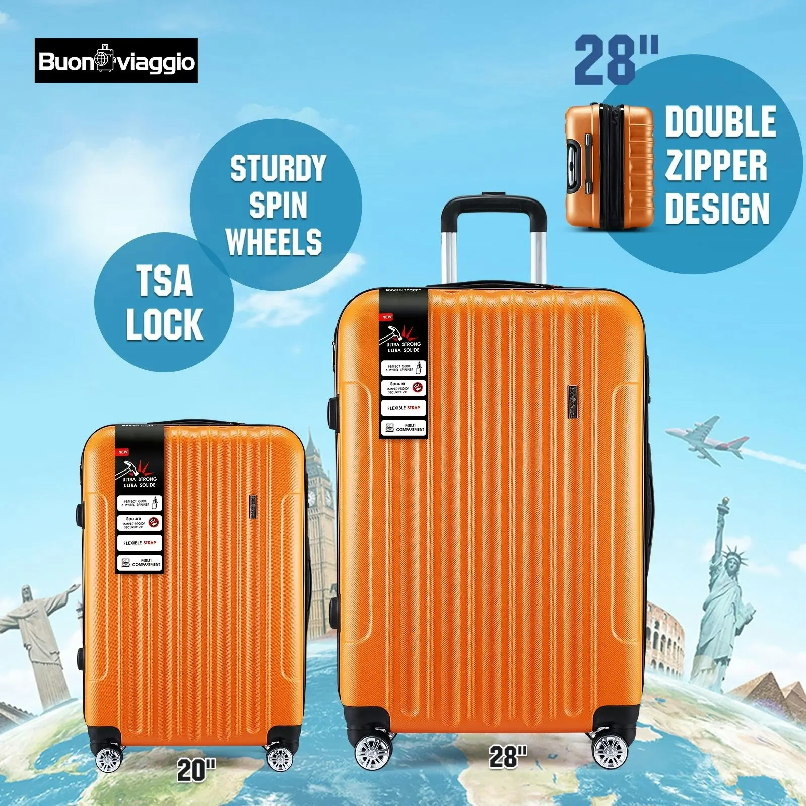 Buon Viaggio 2 PCS Luggage Set Travel Suitcases Hard Carry On Rolling Trolley Lightweight with TSA Lock Orange