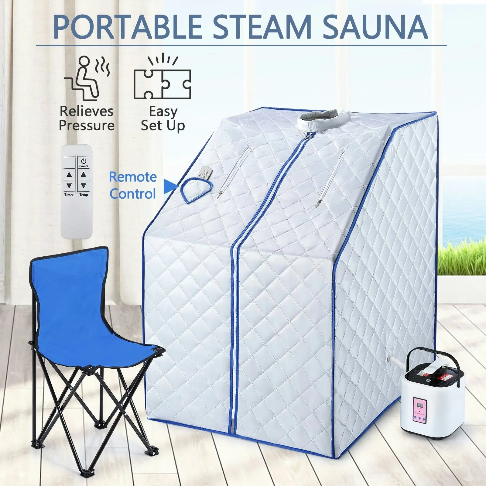 Ausway Portable Steam Sauna Full Body Spa Kit 1000W Steamer W/Foldable Chair + Remote Control