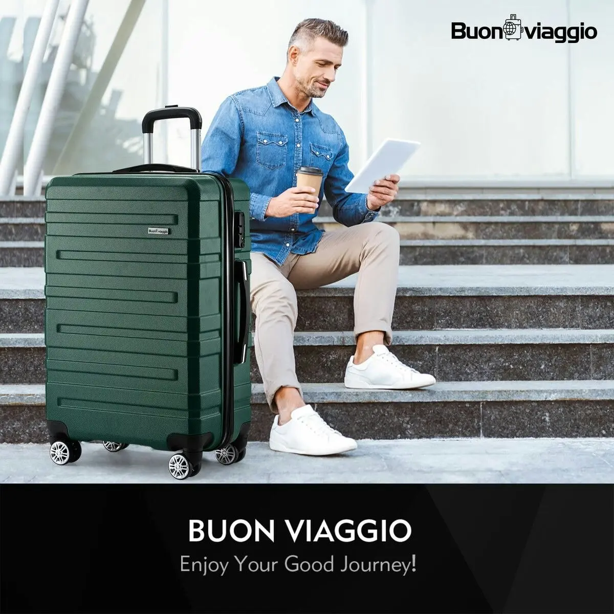 Buon Viaggio Carry On Luggage Suitcase Traveller Bag Travel Hard Shell Case Lightweight with Wheels Checked Travelling Rolling Trolley TSA Lock Green