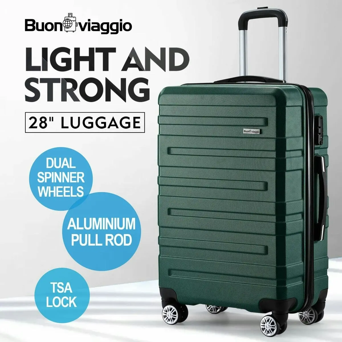 Buon Viaggio Carry On Luggage Suitcase Traveller Bag Travel Hard Shell Case Lightweight with Wheels Checked Travelling Rolling Trolley TSA Lock Green