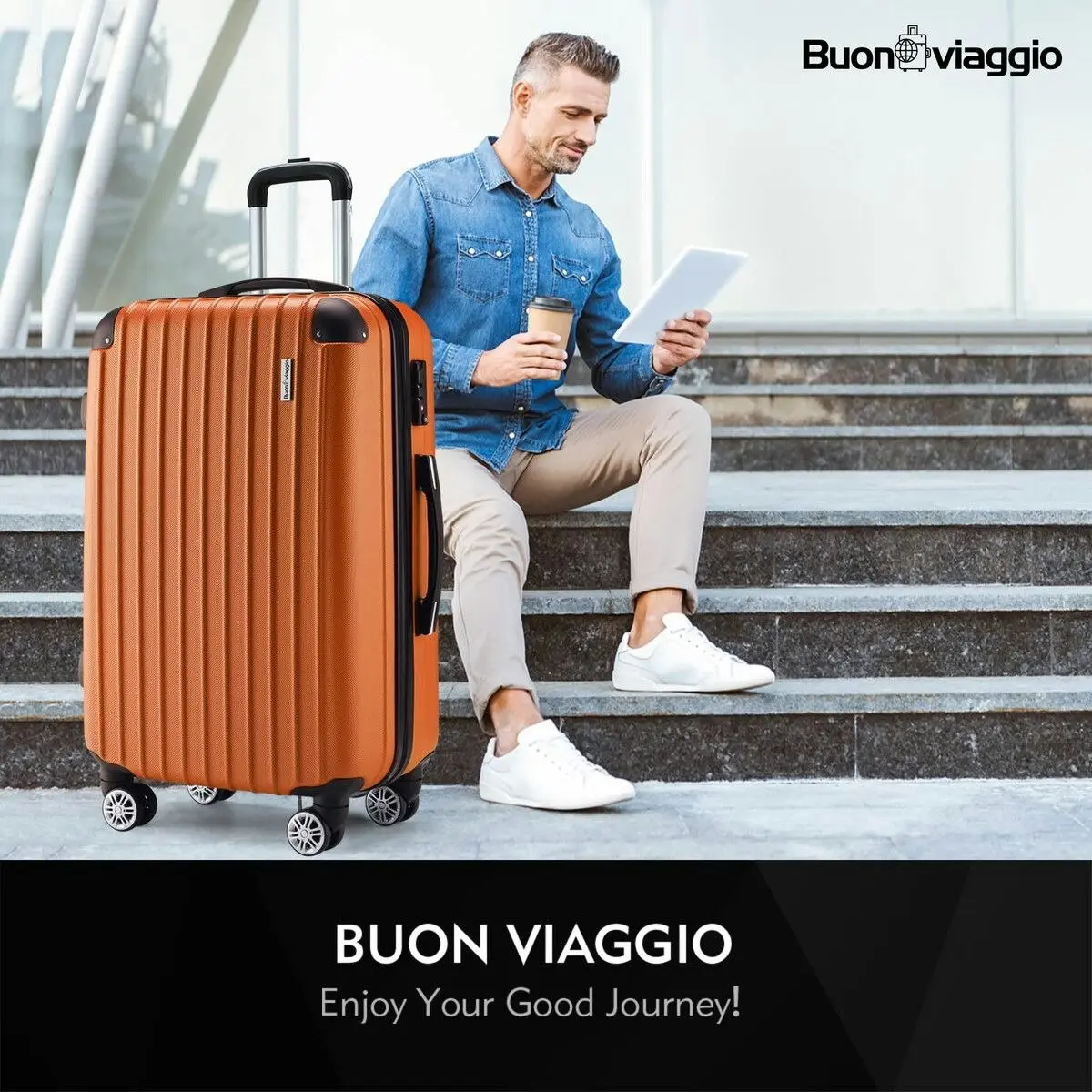 Buon Viaggio Carry On Luggage Suitcase Travel Travaller Bag Hard Shell Case Lightweight Travelling with Wheels Checked Rolling Trolley TSA Lock Orange