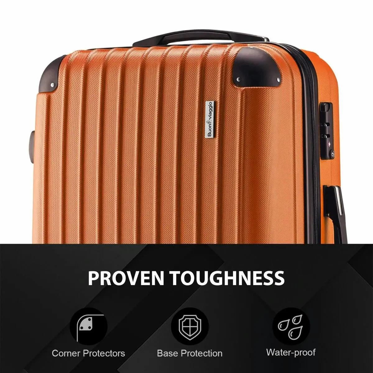 Buon Viaggio Carry On Luggage Suitcase Travel Travaller Bag Hard Shell Case Lightweight Travelling with Wheels Checked Rolling Trolley TSA Lock Orange