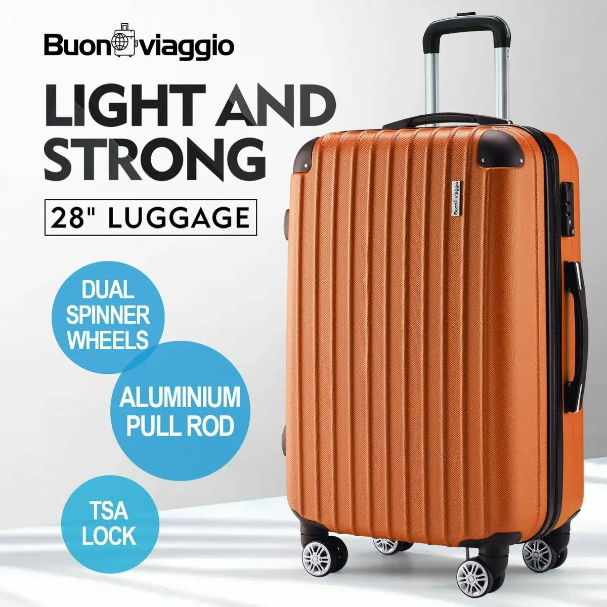 Buon Viaggio Carry On Luggage Suitcase Travel Travaller Bag Hard Shell Case Lightweight Travelling with Wheels Checked Rolling Trolley TSA Lock Orange