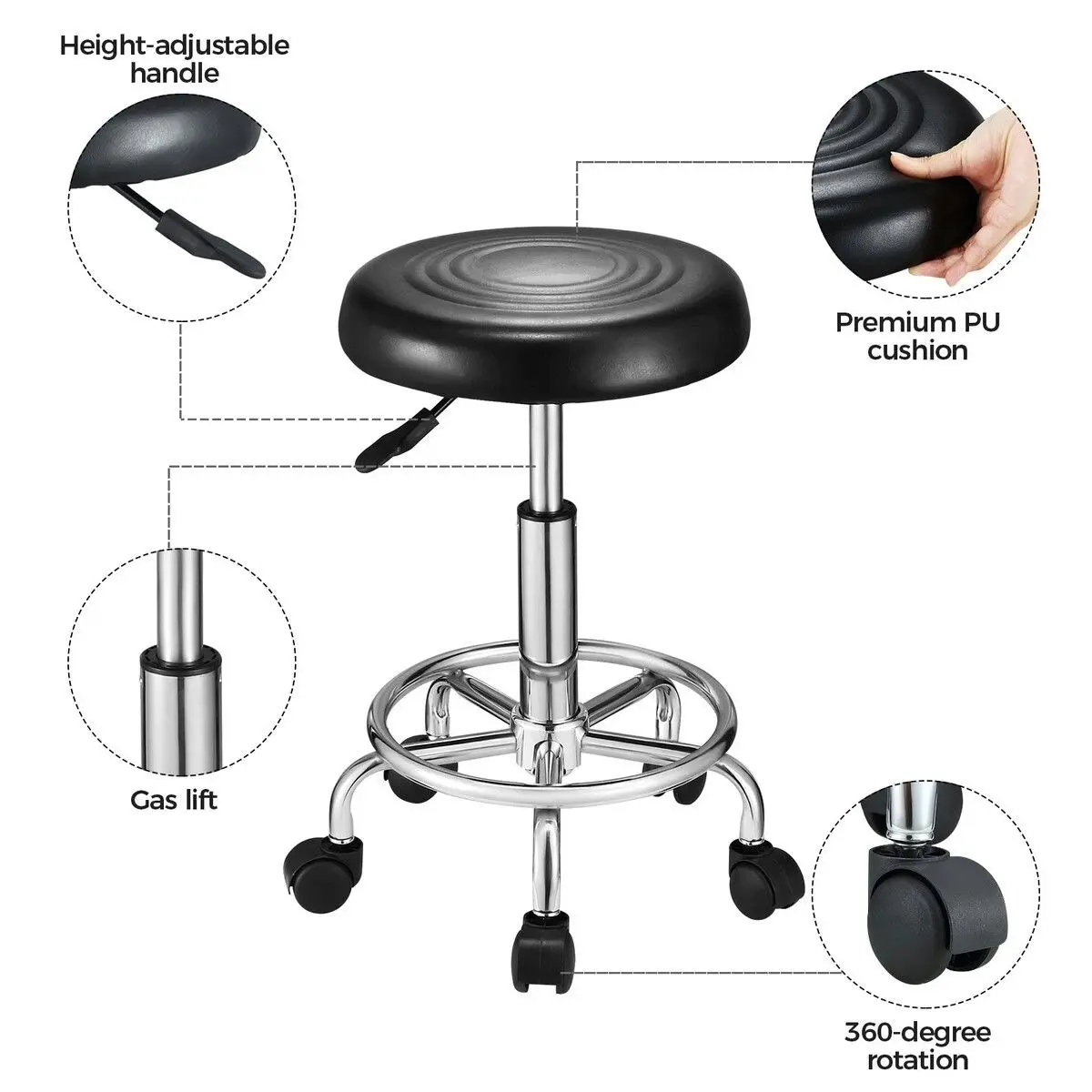 Ausway Salon Chair Barber Stool Hairdressing Beauty Clinic Height Adjustable Rotatable Round PU Black