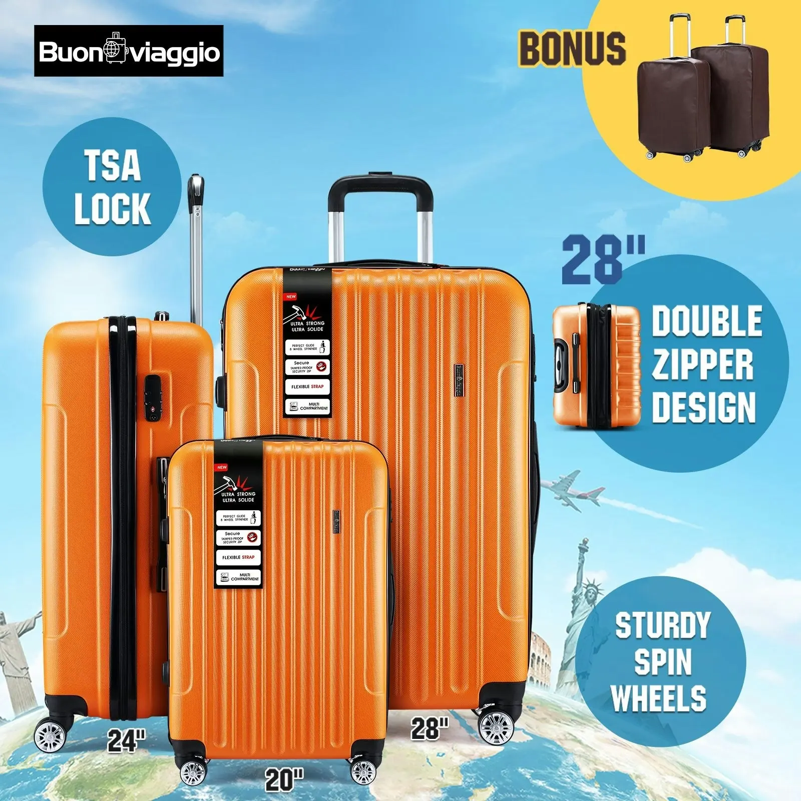 Buon Viaggio 3PCS Luggage Suitcase Set Hard Carry On Travel Trolley Lightweight with TSA Lock and 2 Covers Orange