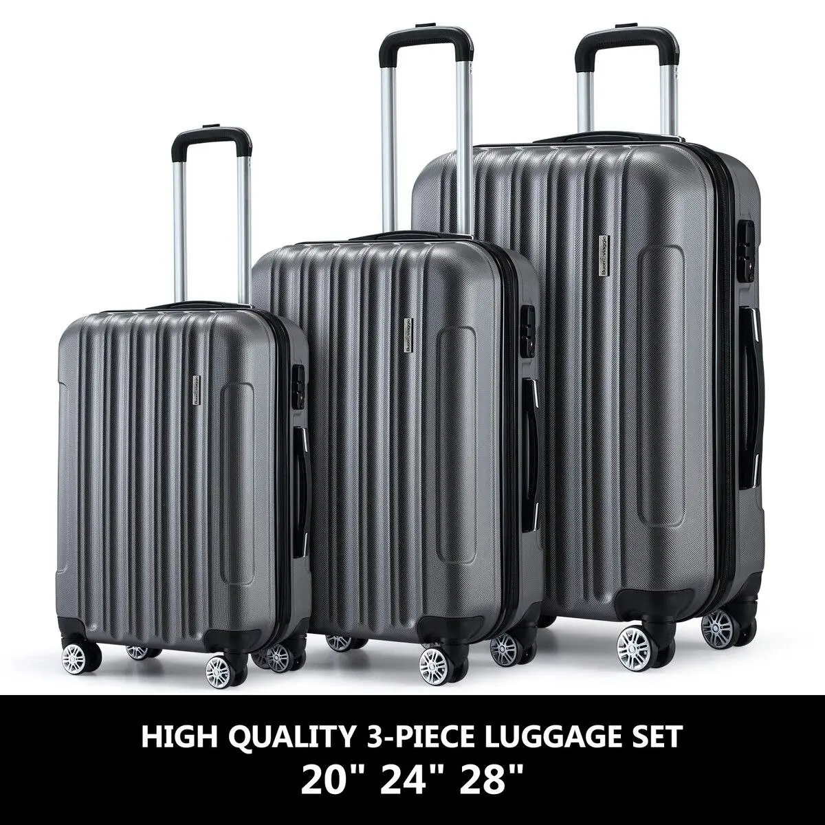 Buon Viaggio 3PCS Luggage Set Hard Carry On Travel Suitcases Trolley Lightweight with TSA Lock 2 Covers Dark Grey