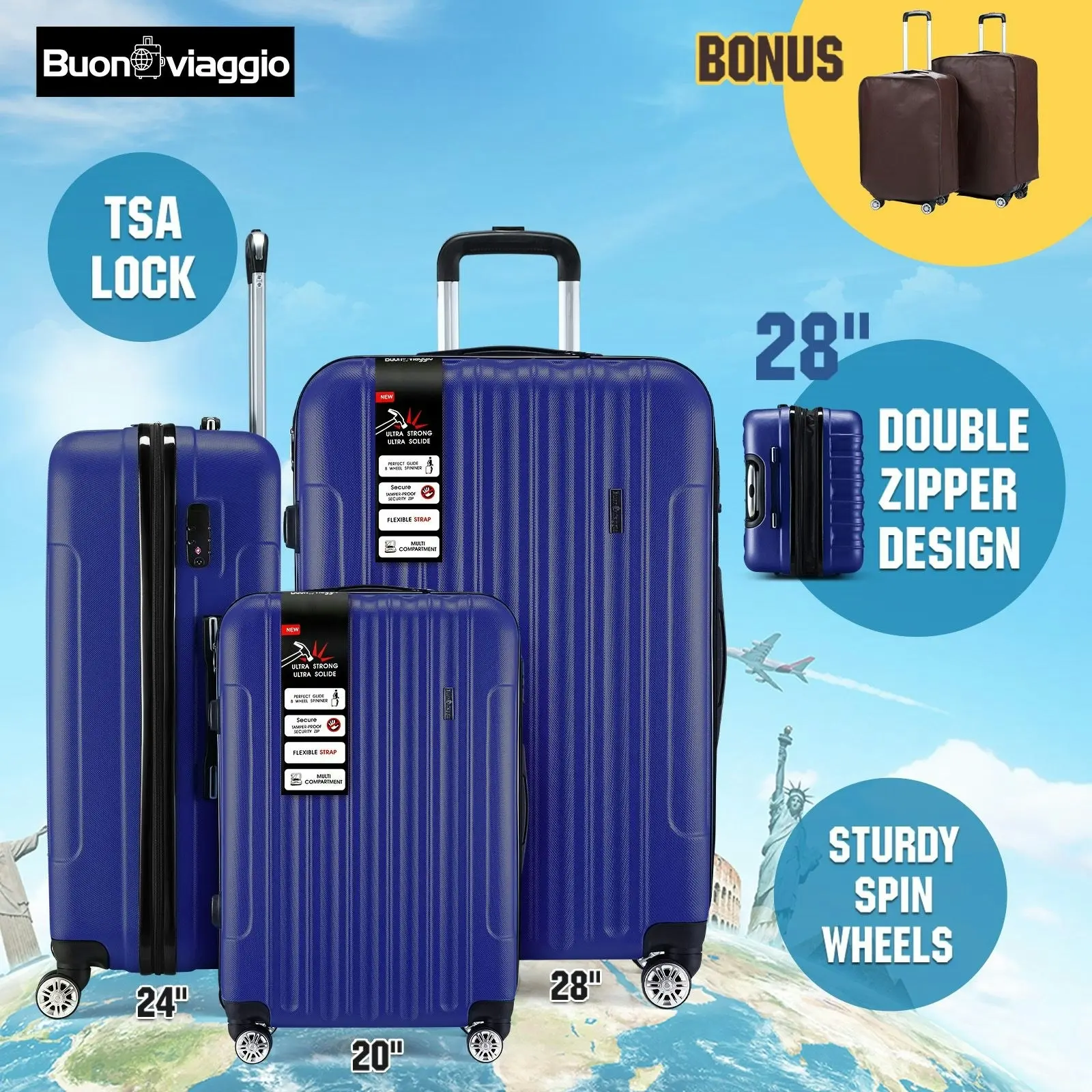 Buon Viaggio 3PCS Luggage Set Hard Travel Suitcases Carry On Lightweight Trolley with TSA Lock 2 Covers Royal Blue