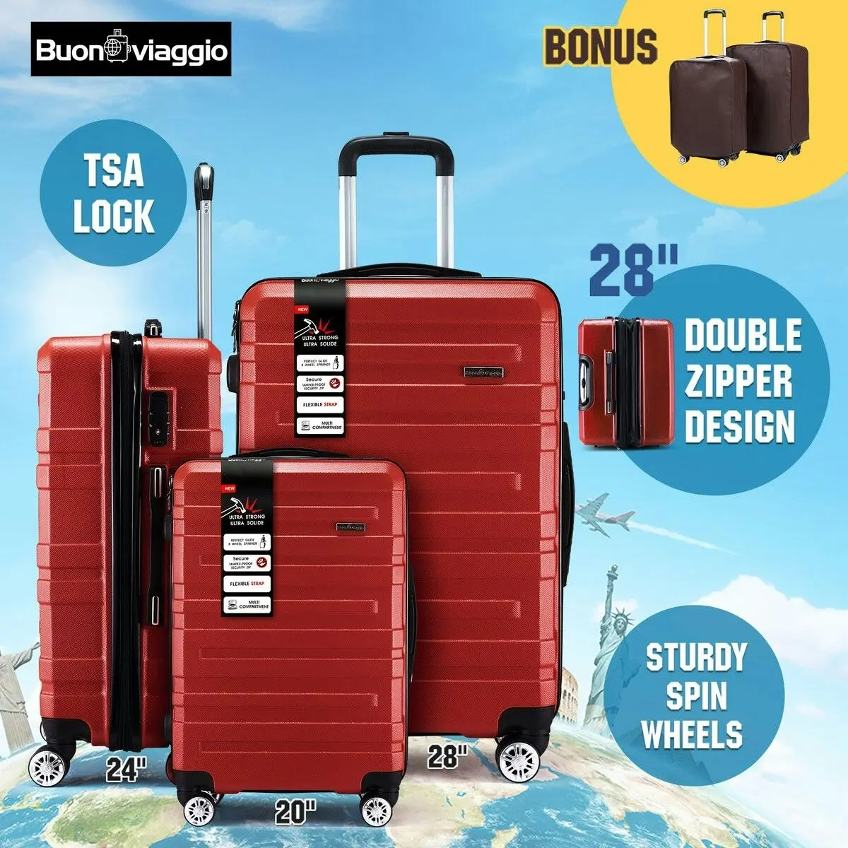 Buon Viaggio 3 Piece Luggage Set Travel Suitcases Hard Carry On Trolley Lightweight with TSA Lock and 2 Covers Red