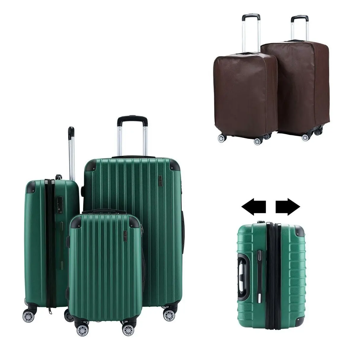 Buon Viaggio 3 Piece Luggage Set Carry On Suitcases Travel Cabin Bags Hard Shell Case with Wheels Lightweight Rolling Trolley TSA Lock 2 Covers Green