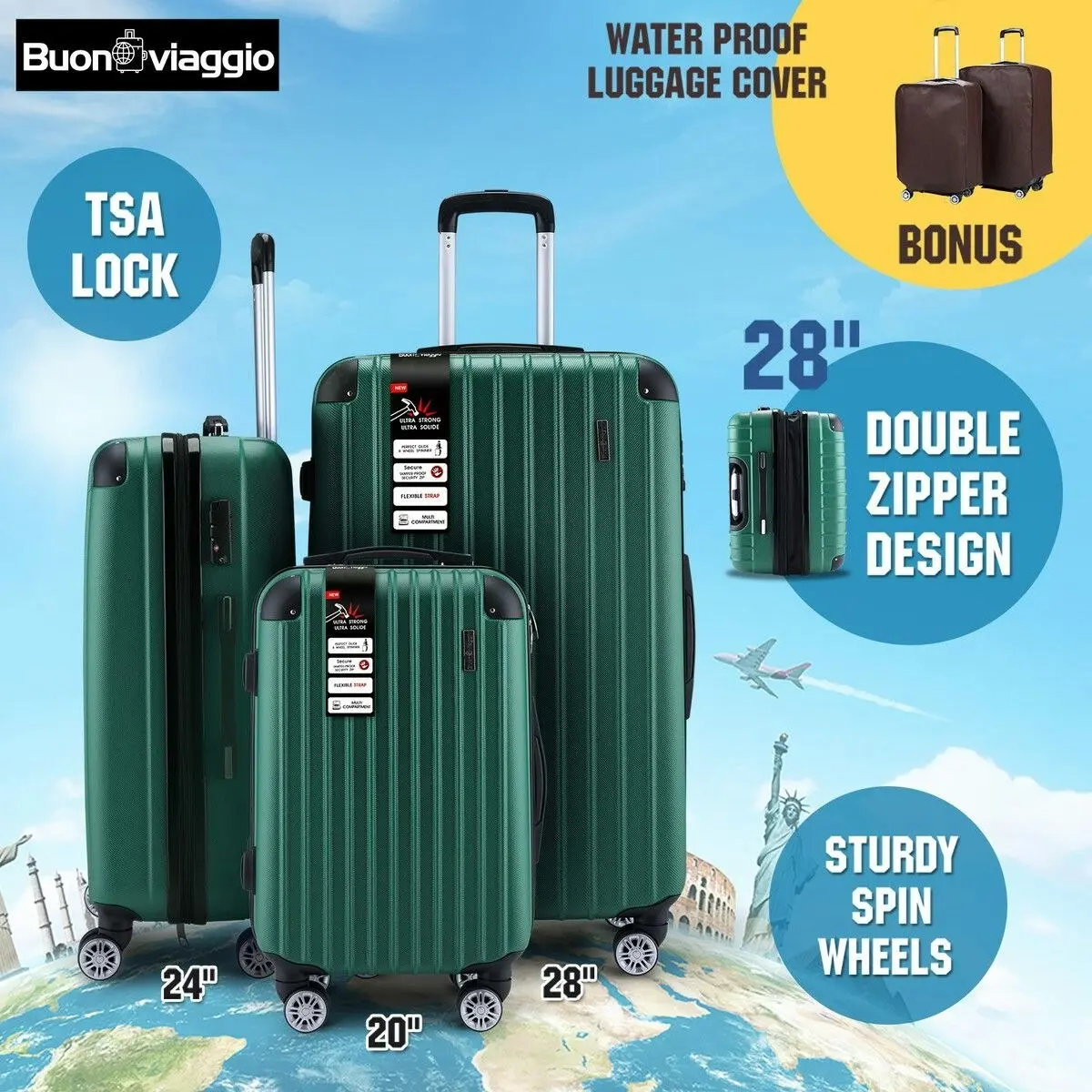 Buon Viaggio 3 Piece Luggage Set Carry On Suitcases Travel Cabin Bags Hard Shell Case with Wheels Lightweight Rolling Trolley TSA Lock 2 Covers Green