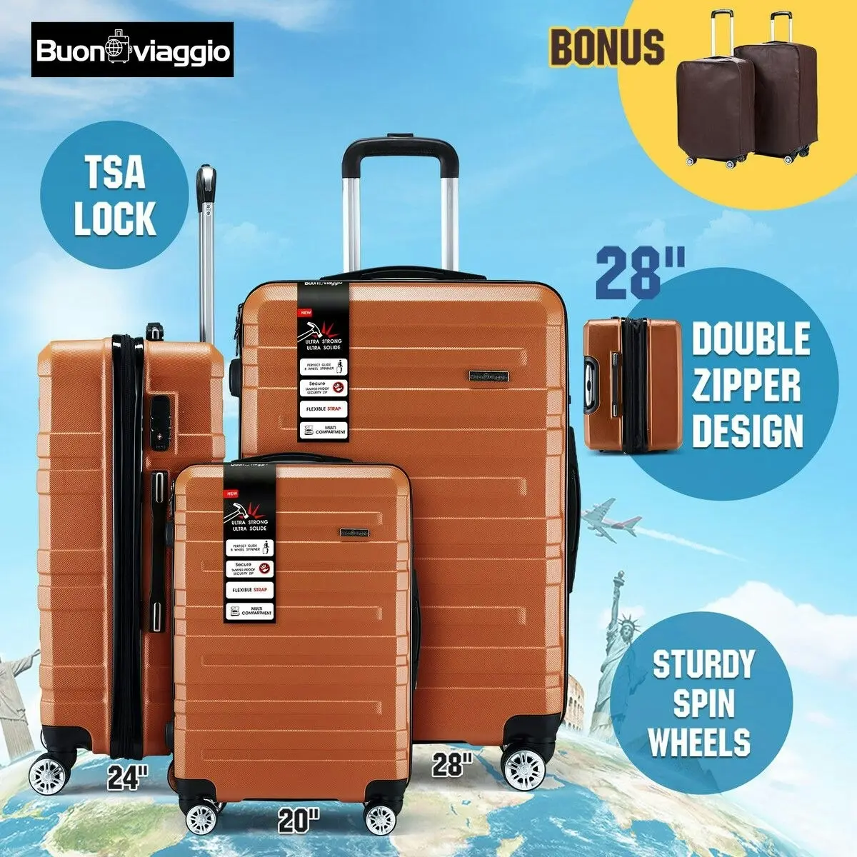 Buon Viaggio 3 Piece Luggage Travel Set Hard Carry On Suitcases Lightweight Trolley with 2 Covers and TSA Lock Orange