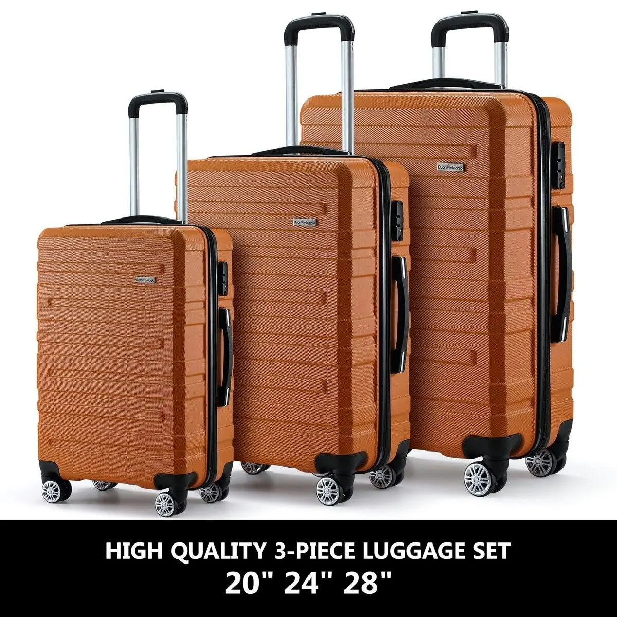 Buon Viaggio 3 Piece Luggage Travel Set Hard Carry On Suitcases Lightweight Trolley with 2 Covers and TSA Lock Orange