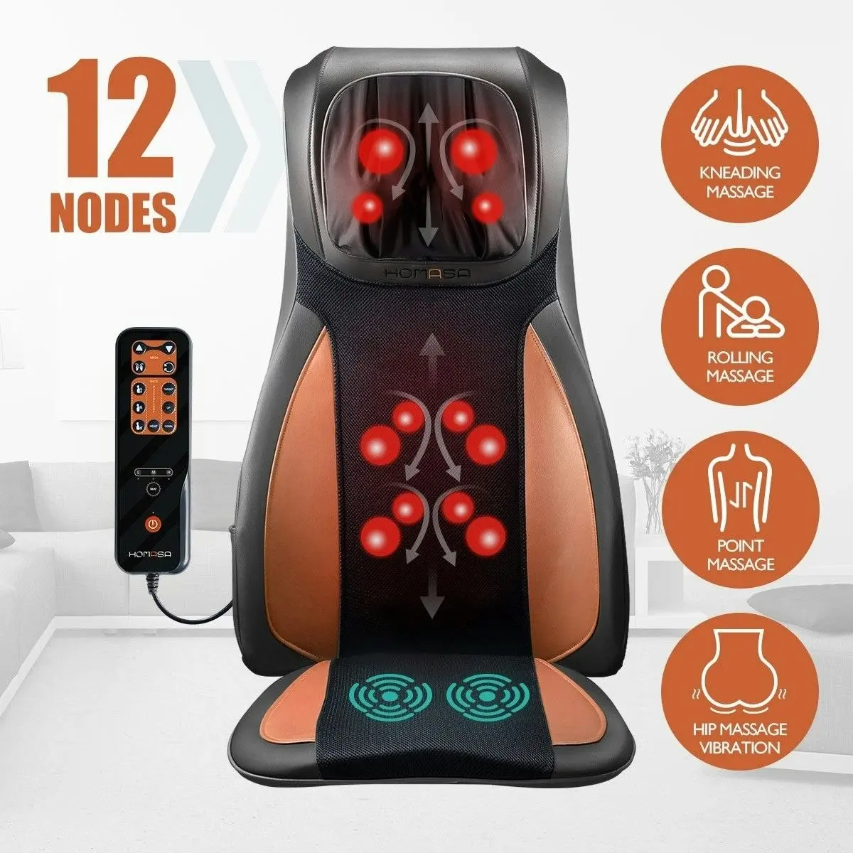 HOMASA Full Body Neck Back Massager Shiatsu Massage Chair Car Seat Cushion Orange