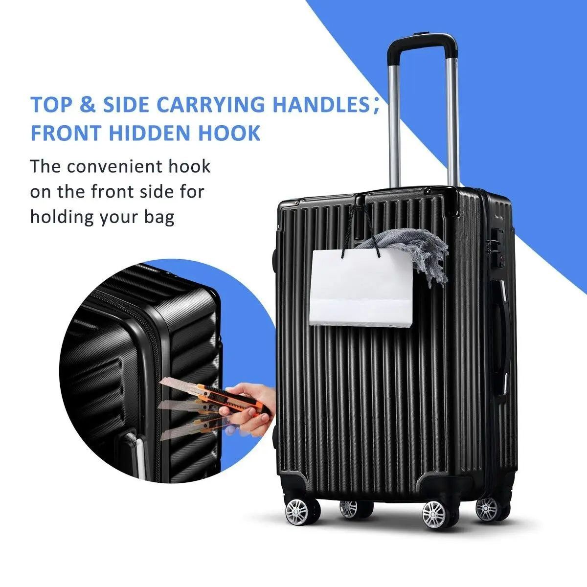 Buon Viaggio 4 Piece Luggage Set Carry On Traveller Suitcases Hard Shell Rolling Trolley Checked Bag TSA Lock Front Hook Lightweight Black